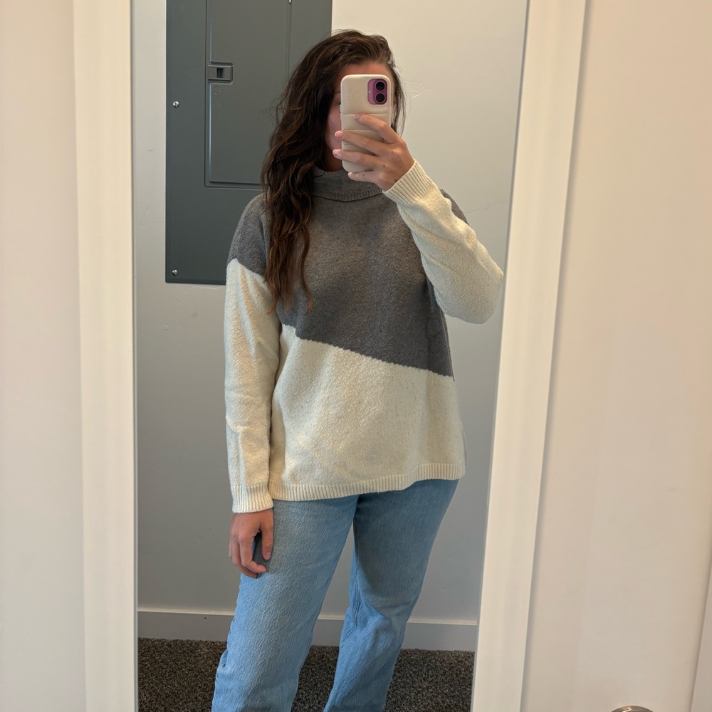 DKNY Cream and Gray Turtleneck Sweater